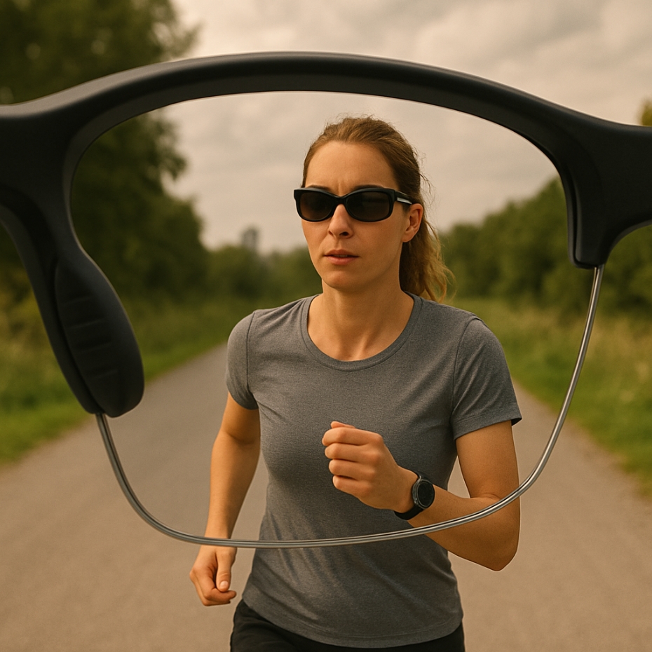 Blick durch Sportbrillenglas: Frau beim Joggen.