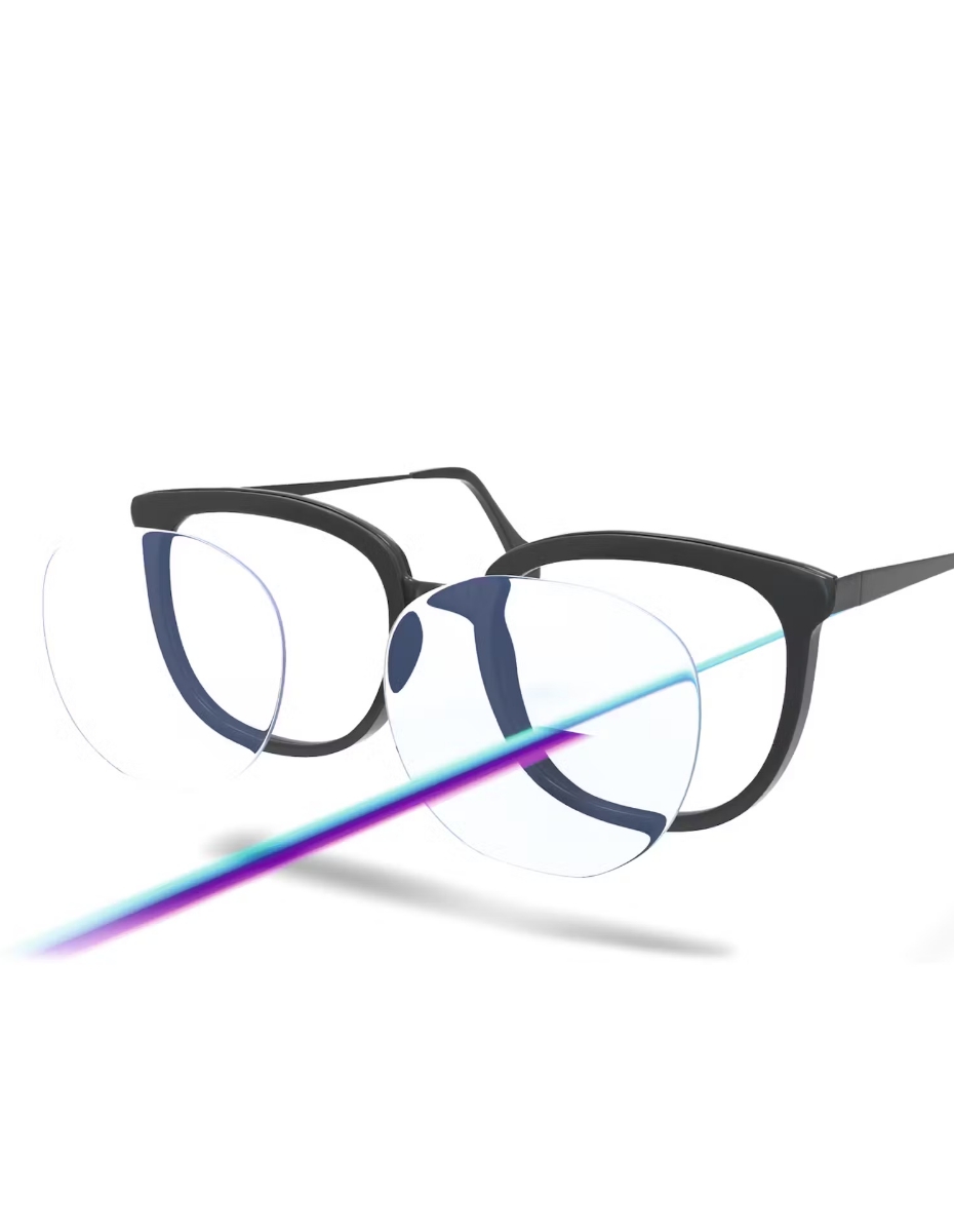 Brille mit Laser, was den Blaulichtfilter andeutet.